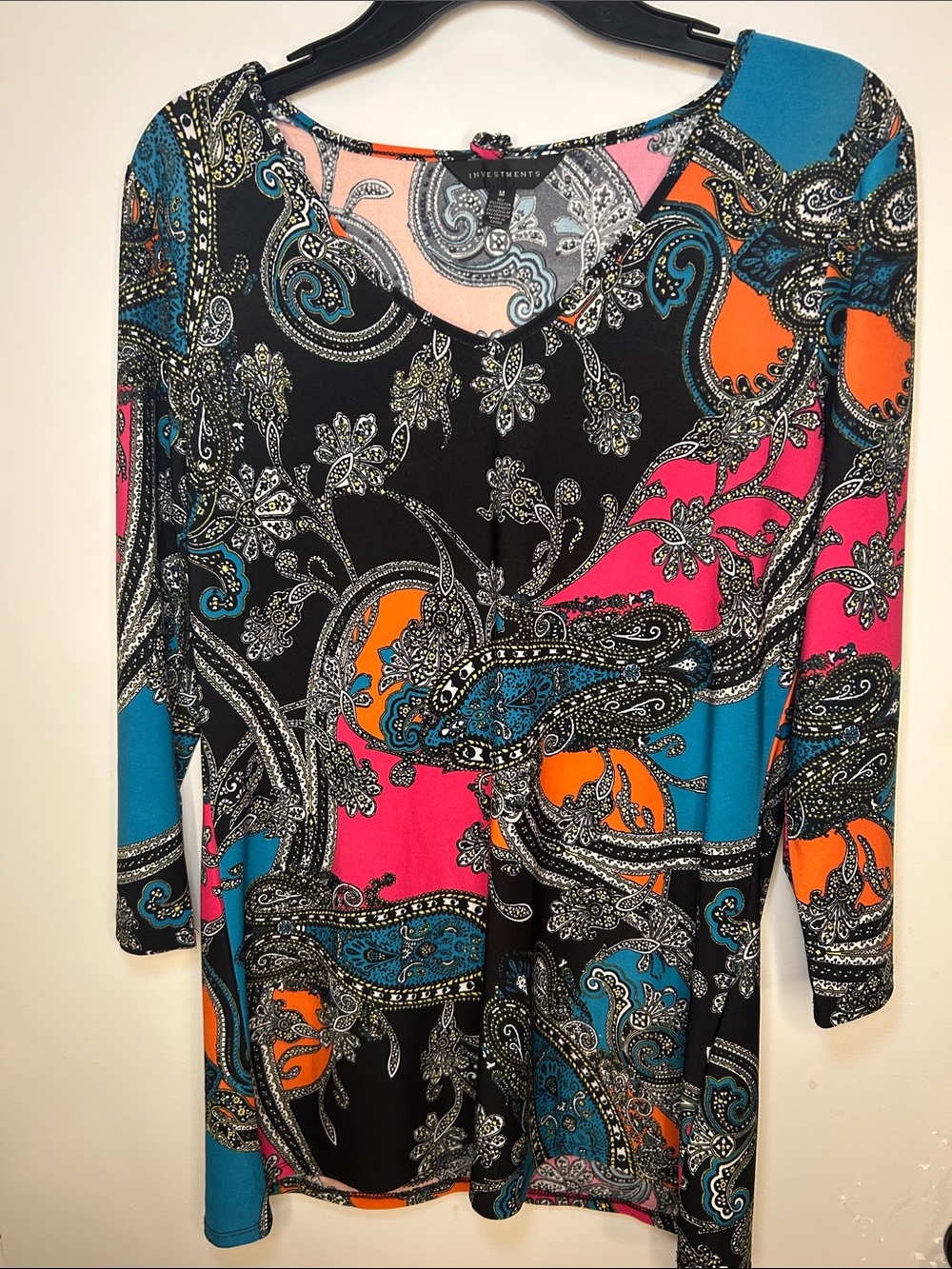 Investments Paisley V-Neck Tunic in Teal, Orange & Pink